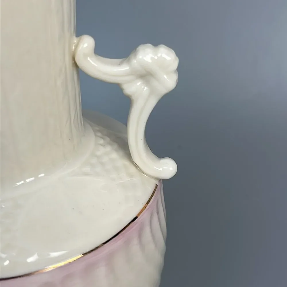 Vintage Belleek Porcelain Vase with Light Pink Glaze & Embossed Patterns 8